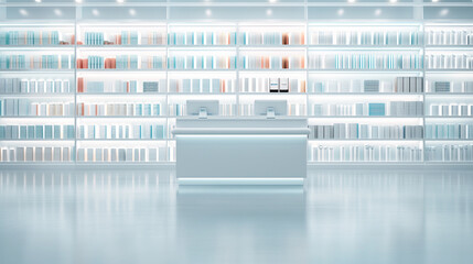 A white store with a counter and shelves full of books