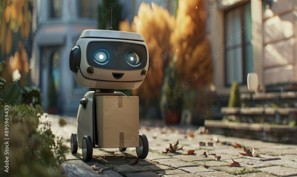 Poster a whimsical delivery robot with a friendly face delivers a package to a curious child, sparking a mo