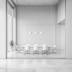 Fototapeta premium A large, empty conference room with a long table and white chairs