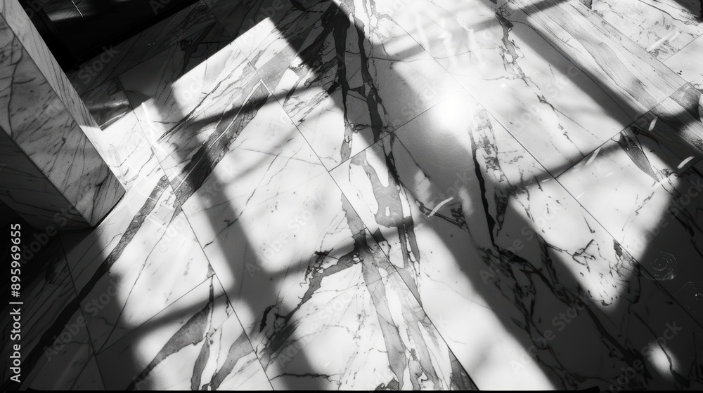 Poster sunlight filtering through a window casts geometric shadows on a marble floor