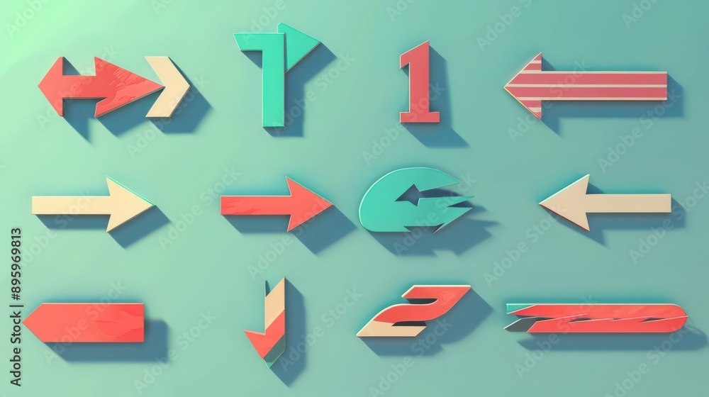 Poster illustrate a collection of arrow signs with 3d effects and shadows, making them visually striking an
