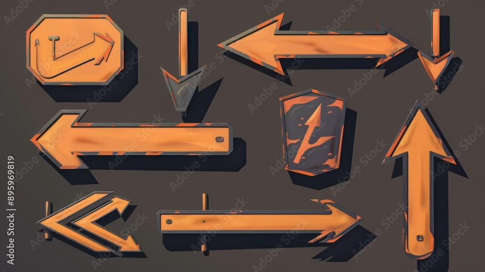 Poster illustrate a collection of arrow signs with 3d effects and shadows, making them visually striking an