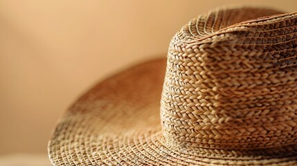 Straw sun hat, close-up detail, gradient beige background, soft studio lighting, high-resolution texture, woven pattern, natural fibers, minimal composition, negative space, summer style.