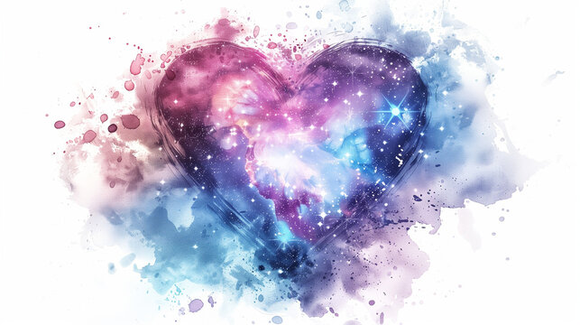 abstract watercolor heart; galaxy filled pink, violet and blue corazon