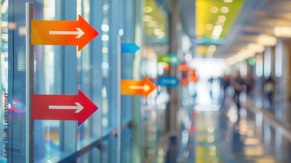 Poster illustrate a collection of directional arrow signs for a convention center, incorporating clear symb