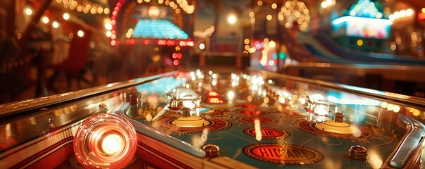 A vintage pinball machine with flashing lights and clanging bells, its addictive gameplay drawing in players of all ages.