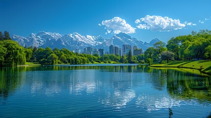 Fototapeta premium Urban oasis panorama, vibrant blue sky, fluffy white clouds, city skyline with skyscrapers, snow-capped mountains backdrop, lush green park, serene lake reflection, manicured grass.