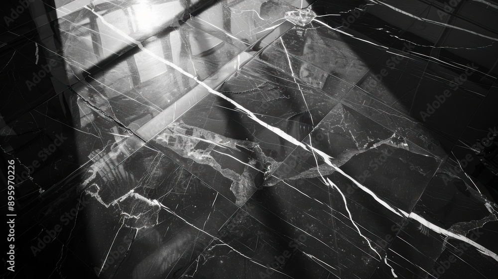 Poster sunlight filtering through a window, casting a geometric play of light and shadow on a black marble 