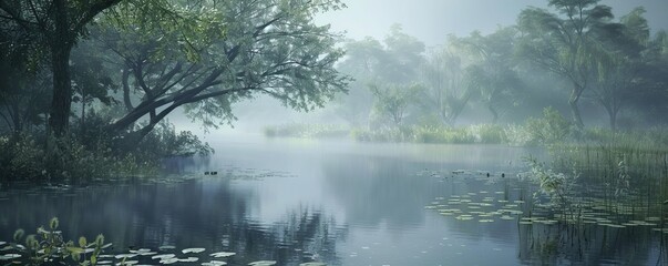 Foggy Morning Over a Serene Pond, 4K hyperrealistic photo