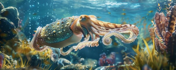 Naklejka premium Enchanting cuttlefish changing colors in the water, 4K hyperrealistic photo