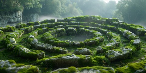 Ancient, moss-covered stones arranged in a spiral, hinting at forgotten rituals