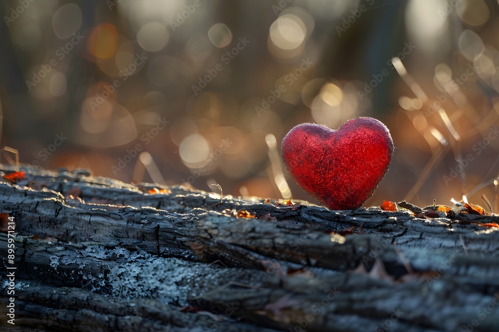Poster a sparkling red heart on a rustic log surrounded by nature's bokeh