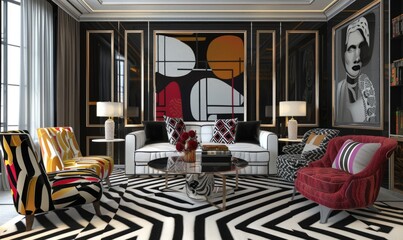 Art Deco-inspired living room with bold geometric patterns and luxe fabrics