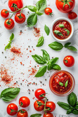Fresh tomatoes, basil leaves, and spices arranged around a bowl of tomato sauce on a white background.