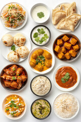 Variety of traditional Indian dishes including rice, curry, dumplings, and sauces, beautifully arranged on a white background.
