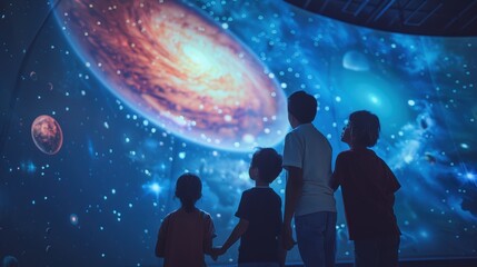 Naklejka premium A group of children are looking at a projection of a galaxy