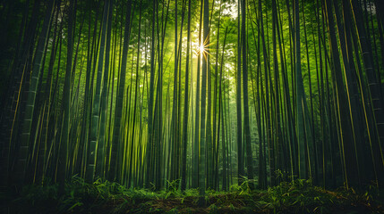 Emerald Enclave: A Meditative Walk Through a Bamboo Forest Bathed in Sunlight