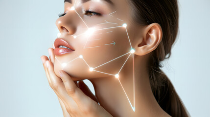 Close-up of a woman's face illuminated by digital light patterns, symbolizing pre-plastic surgery detection and facial muscle line analysis in technology.