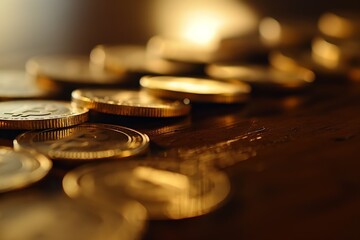 Obraz premium A side-angled shot of golden coins spread out and laid flat on a wooden table, portraying wealth and economic stability.
