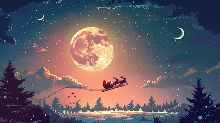 Fototapeta premium Santa Claus Soaring Through a Winter Night