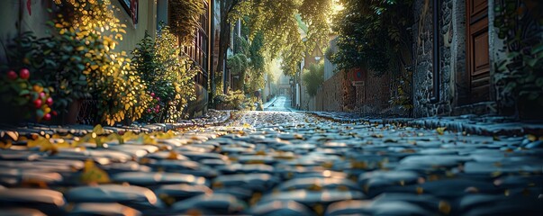 Fototapeta premium Charming cobblestone alleyway in a historic town, 4K hyperrealistic photo