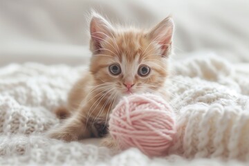 a red haired kitten playing with a pink ball of wool.