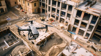 A drone surveying a construction site from above, capturing aerial images for progress tracking and planning.