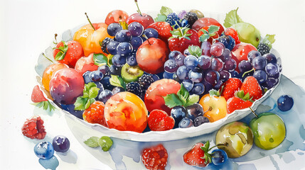 A bowl of fresh fruits, watercolor painting in the style of white background, Generative AI