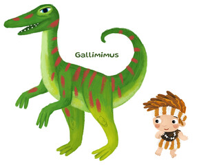 caveman human cartoon happy and funny colorful prehistoric dinosaur dino gallimimus isolated illustration with child pointing on animal