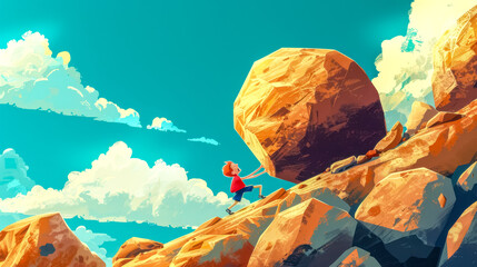Young boy pushing huge boulder up mountain under blue sky illustration