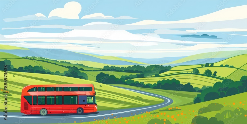 Poster illustrate a double-decker bus traveling along a scenic route with panoramic views of rolling hills 