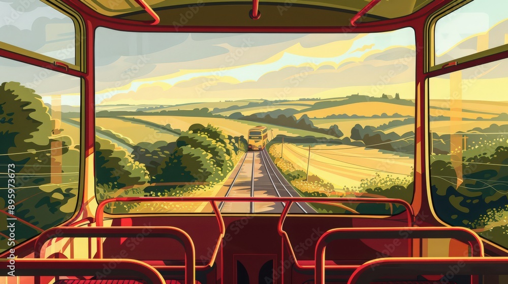 Poster illustrate a double-decker bus traveling along a scenic route with panoramic views of rolling hills 