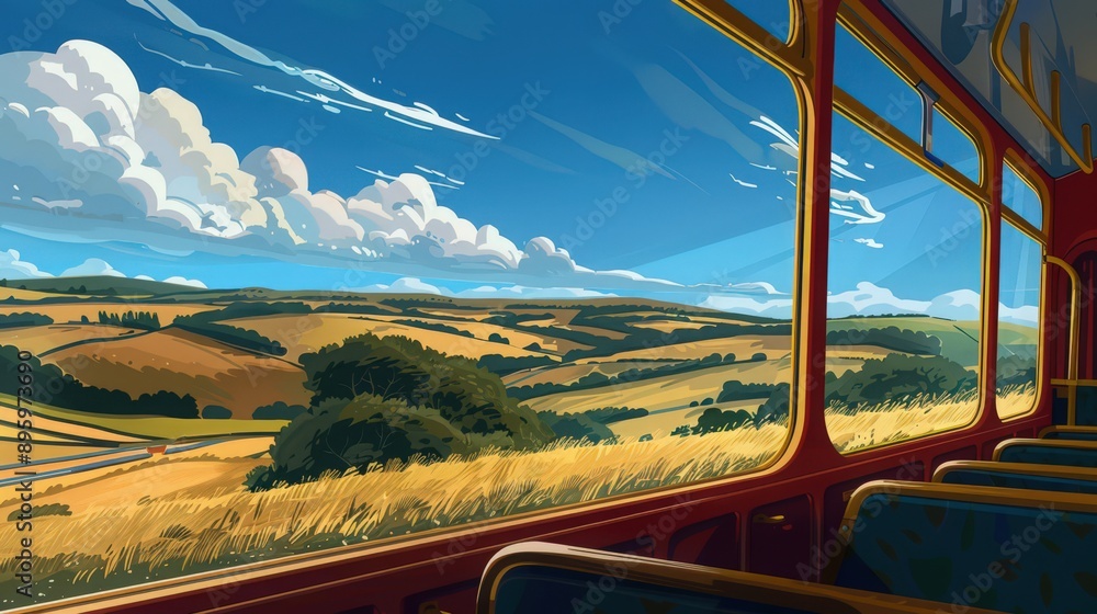 Poster illustrate a double-decker bus traveling along a scenic route with panoramic views of rolling hills 