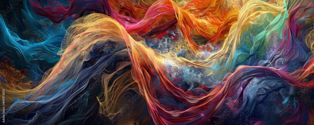 Poster bold, tangled yarns in a dynamic wave pattern, evoking a sense of energy and fluidity