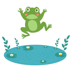 Childrens cute animal. Pretty frog jumps from the lake. Flat character for children. Vector illustration
