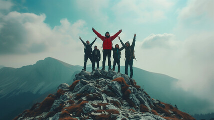Group of people on peak mountain climbing helping team work , travel trekking success business concept. Young asian couple climbing up on the mountain and team work concept, Sunset background.