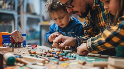 Fototapeta premium A man and two children are playing with