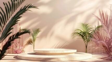 Fototapeta premium Abstract luxury plant background with minimal podium, perfect for summer fashion and beauty product displays.