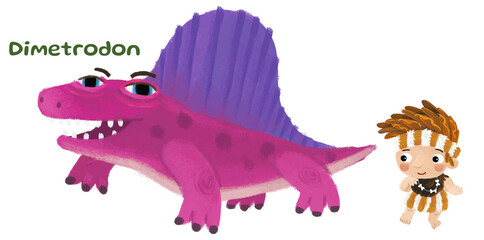 caveman human cartoon happy and funny colorful prehistoric dinosaur dino dimetrodon isolated illustration with child pointing on animal © honeyflavour