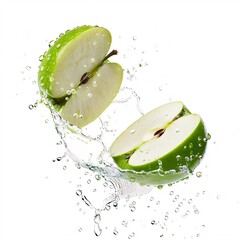 Crisp apple halves with water droplets mid-air, showcasing the fresh green and white interior on a white background, high resolution, isolated