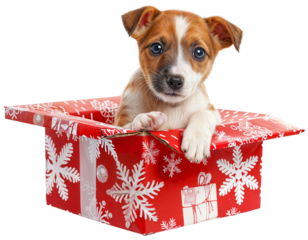 Adorable Dog Puppy in a Festive Red Christmas Gift Box with Snowflake Design on Transparent Background for Holiday Celebrations