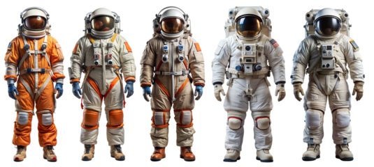 Set of astronauts or astronauts on a transparent background full size. Concept of space and science, exploration.