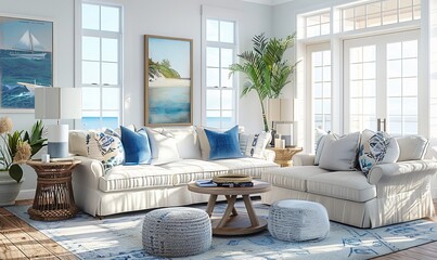 Coastal-inspired living room with light, airy colors and nautical touches