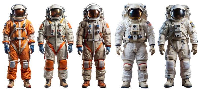Set of astronauts or astronauts on a transparent background full size. Concept of space and science, exploration.