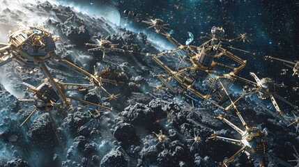 Fototapeta premium A fleet of autonomous construction drones working together to build a large interstellar spacecraft in deep space.