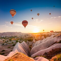Obraz premium **Reisen und Inspiration, Heißluftballons in der Türkei, die bei Sonnenaufgang am Himmel fliegen**