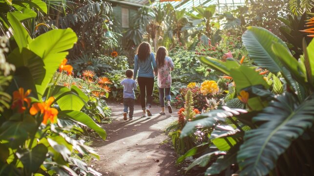 A family of three, including a young child, walks through a lush
