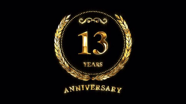 13th Anniversary Celebration. Happy 13 Years Anniversary Animation in Gold Color on the Transparent Background, Alpha Channel. Great for greetings, celebrations, events, and gifts.