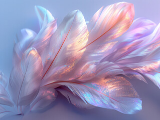 Naklejka premium a 3D rendering of feathers in a pink and purple color scheme.