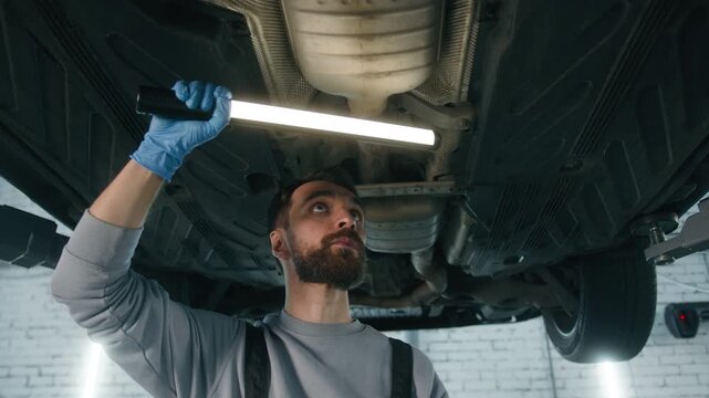 Caucasian man professional mechanic in uniform repairman male engineer working underneath car check fix problem under automobile using flashlight light vehicle diagnostics garage service auto repair
